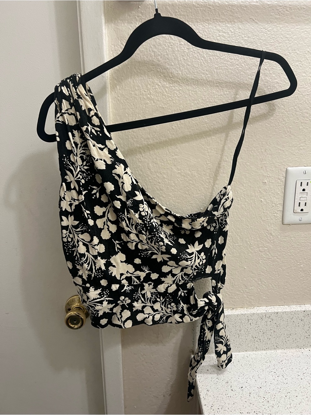 Free People Black & White Floral One-Shoulder Tie Crop Top